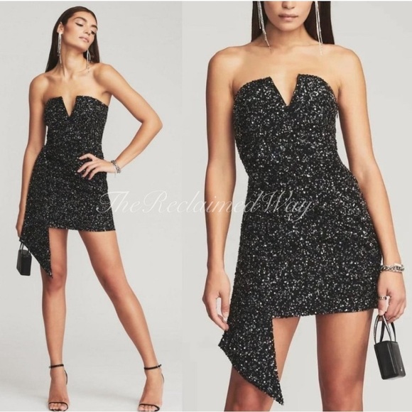 Retrofete Dresses & Skirts - Retrofete Omer Sequin Mini Dress Strapless Asymmetrical Gunmetal Black V-Neck
